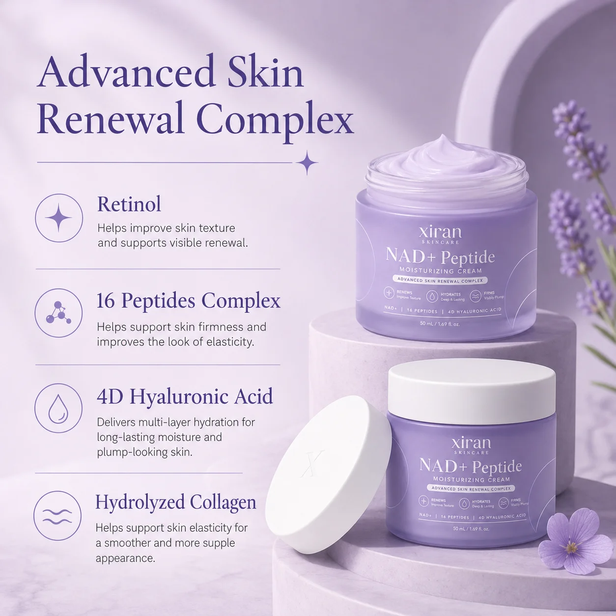Moisturizing cream jars labeled 'Advanced Skin Renewal Complex' with features such as retinol, 16 peptides complex, 4D hyaluronic acid, and hydrolyzed collagen; styled with lavender accents.